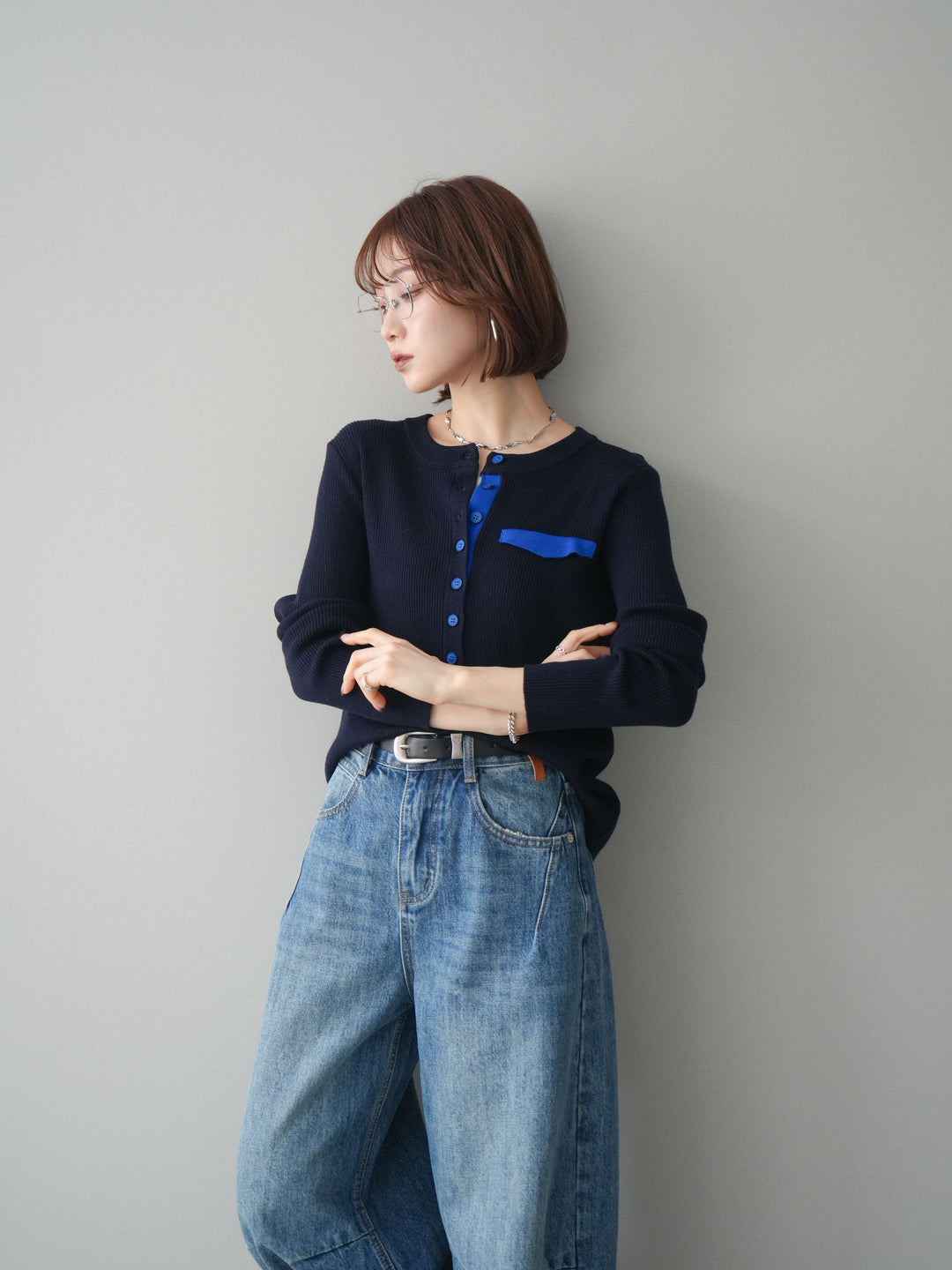 [予約]バイカラーデザインポケット配色ヘンリーネックニットソー/navy