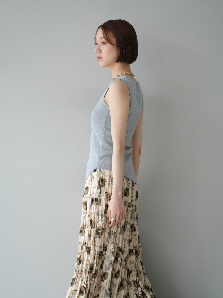 [SET]カシュクールノースリーブニットトップス+フラワーワッシャーロングスカート(2set)