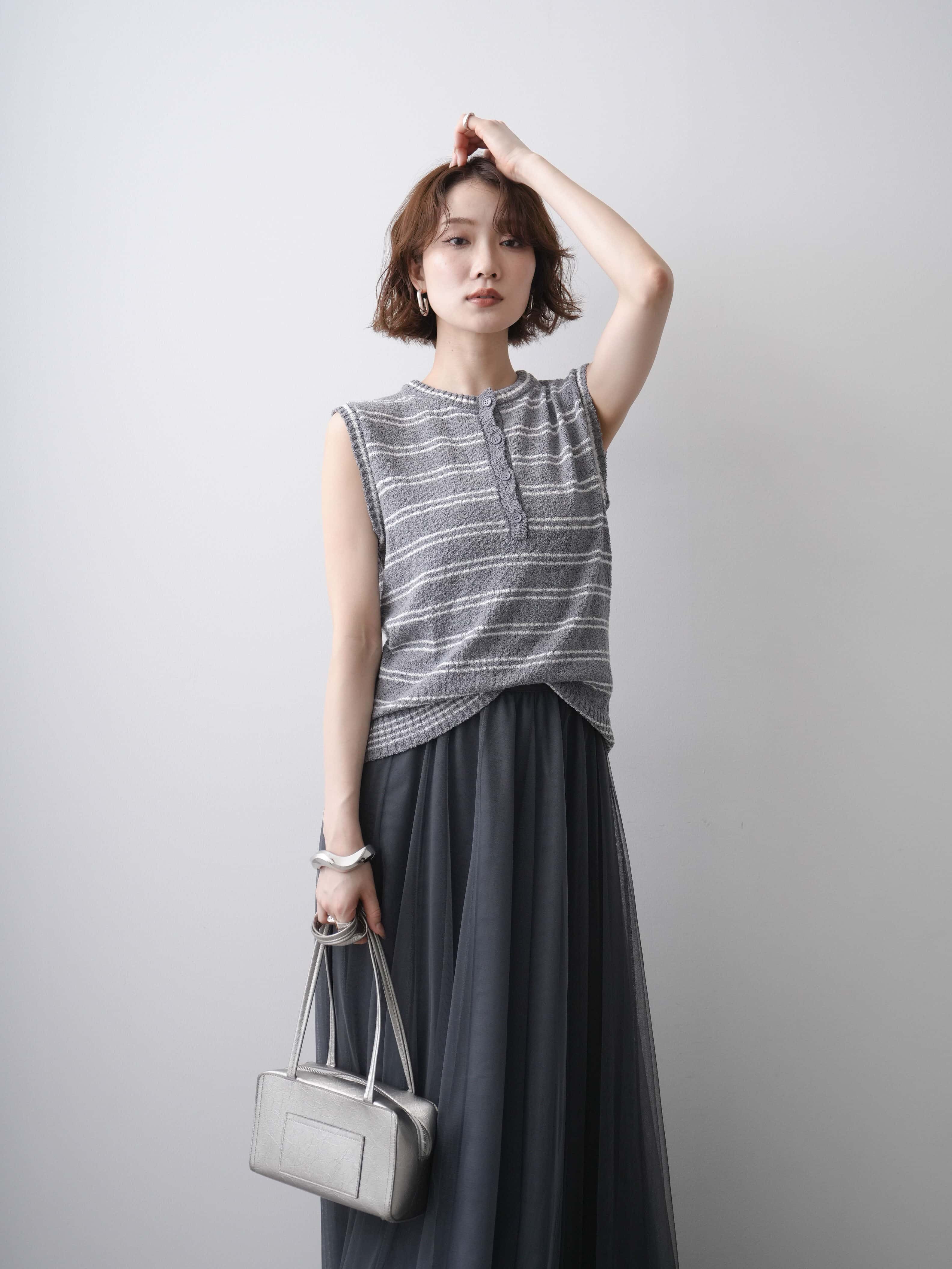 予約]ボーダーヘンリーノースリニットトップス/gray – Lumier