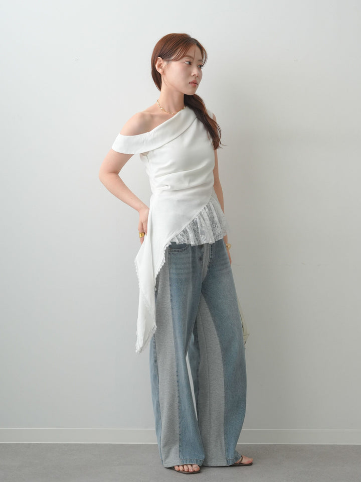 [SET]アシンメトリーラッフルレースヘムトップス+デニム切替スウェットパンツ(2set)