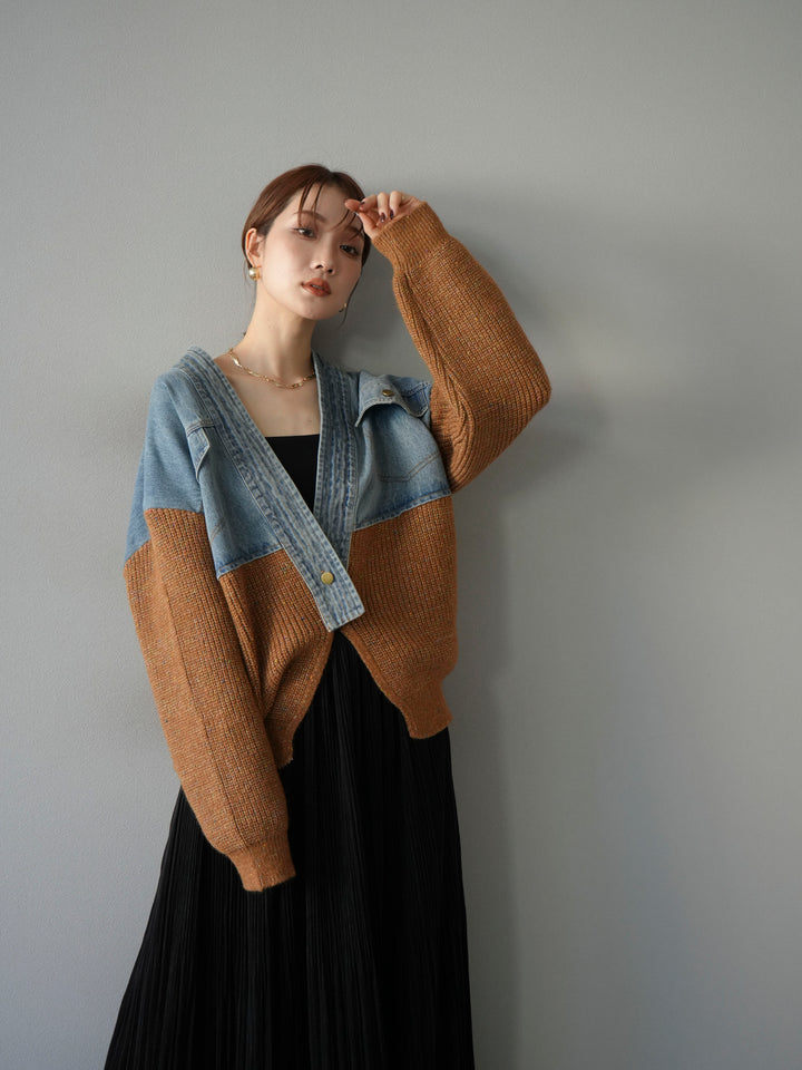 [予約]デニム切替ネップニットカーディガン/キャメル