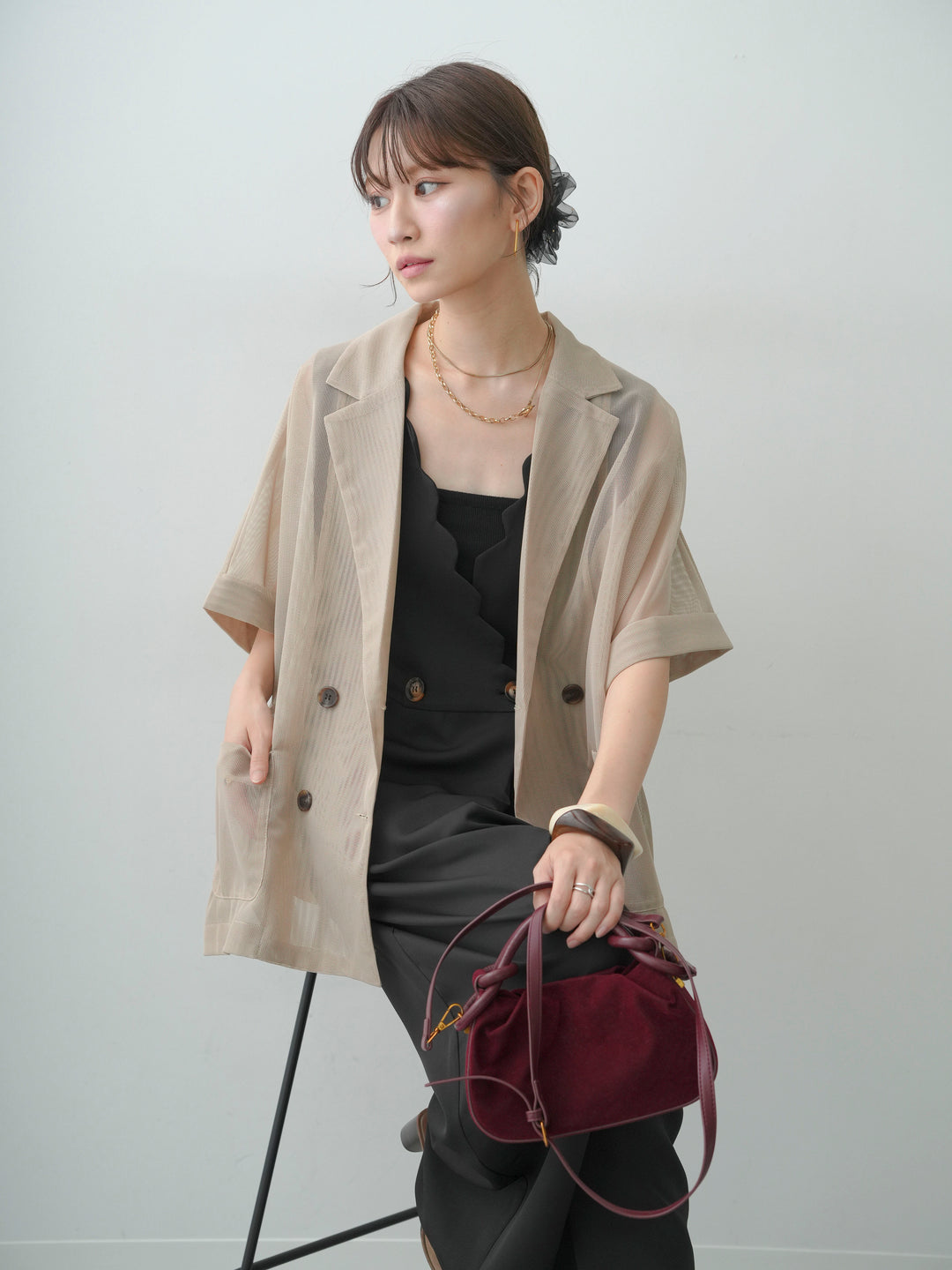 [予約]スカラップデザインサロペット/black