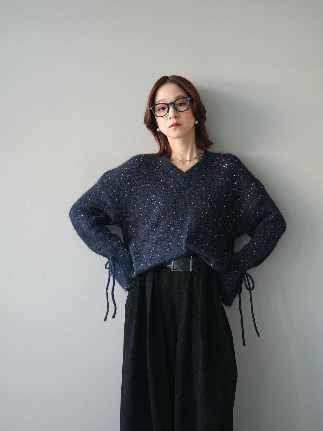 [SET]キャンディースリーブカラーネップスパンコールニットプルオーバー+ベルトデザインループコールテンワイドパンツ(ベルト付き)(2set)