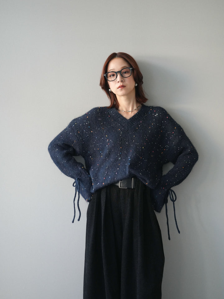 [SET]キャンディースリーブカラーネップスパンコールニットプルオーバー+ベルトデザインループコールテンワイドパンツ(ベルト付き)(2set)