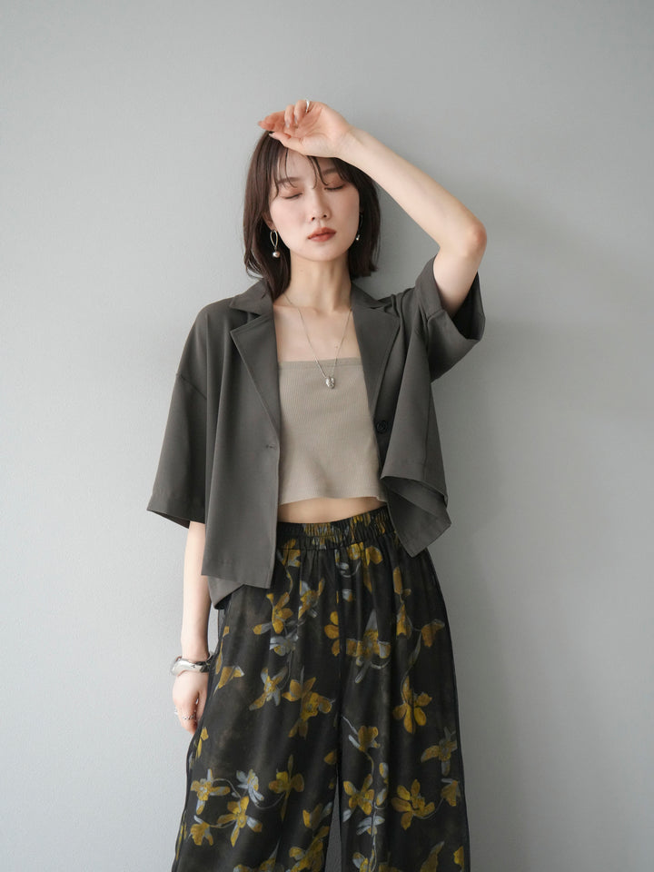 [SET]ハーフショートジャケット+フラワープリントチュールレイヤードパンツ(2set)