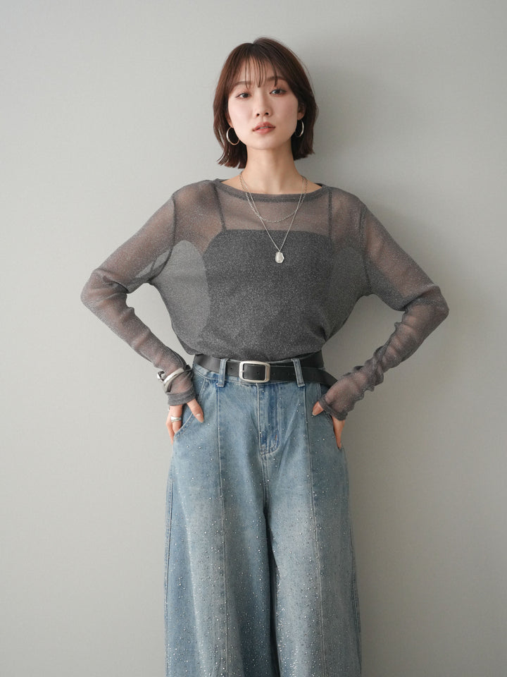 [予約]ラメシアークルーネックトップス/charcoal