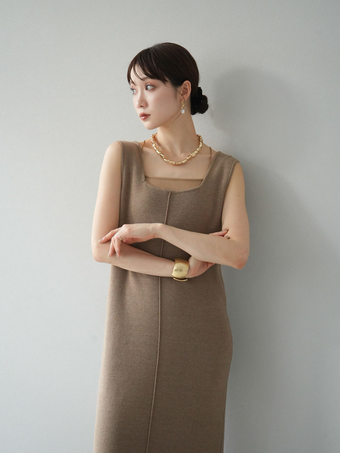 [予約]スクエアネックニットワンピース/ベージュ