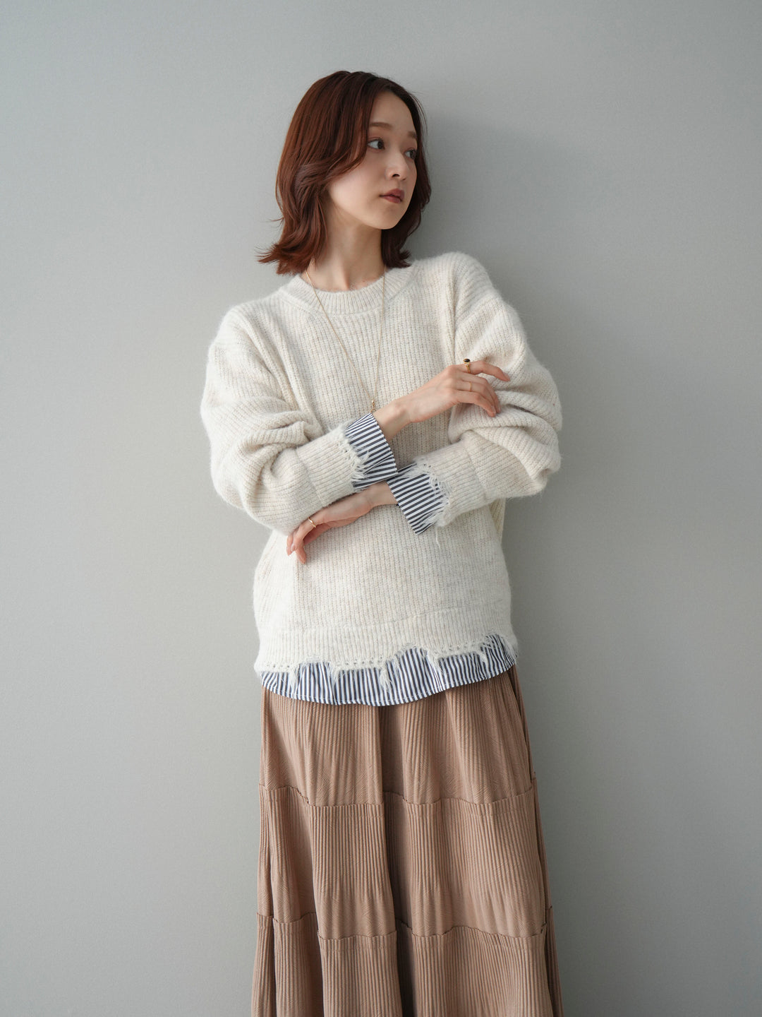 [SET]裾シャツレイヤードダメージニットプルオーバー+裾シャツレイヤードダメージニットプルオーバー(2set)