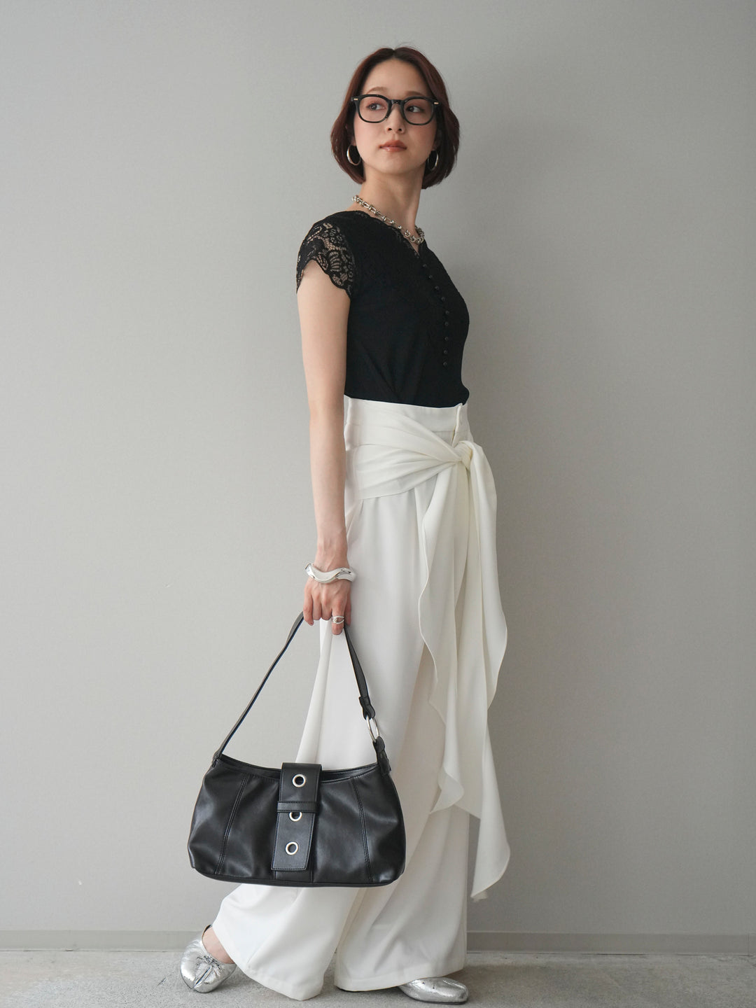 [SET]パールボタンレース切替ニットトップス+ラッフルベルトワイドパンツ(2set)