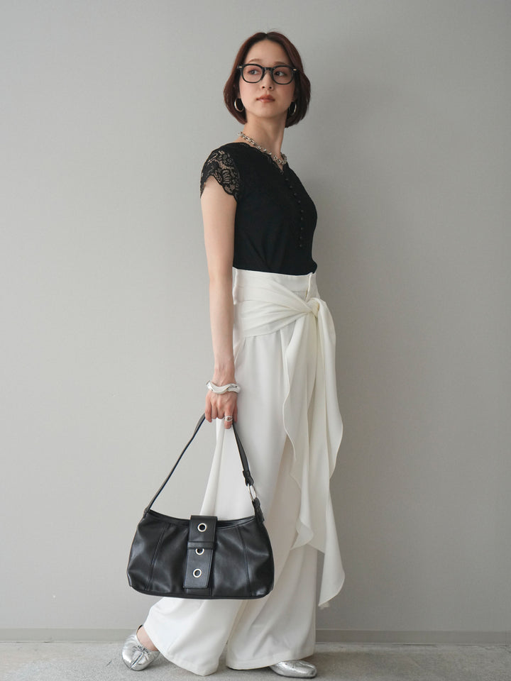 [SET]パールボタンレース切替ニットトップス+ラッフルベルトワイドパンツ(2set)