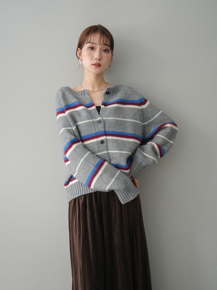 [予約]ランダムボーダーニットカーディガン/gray
