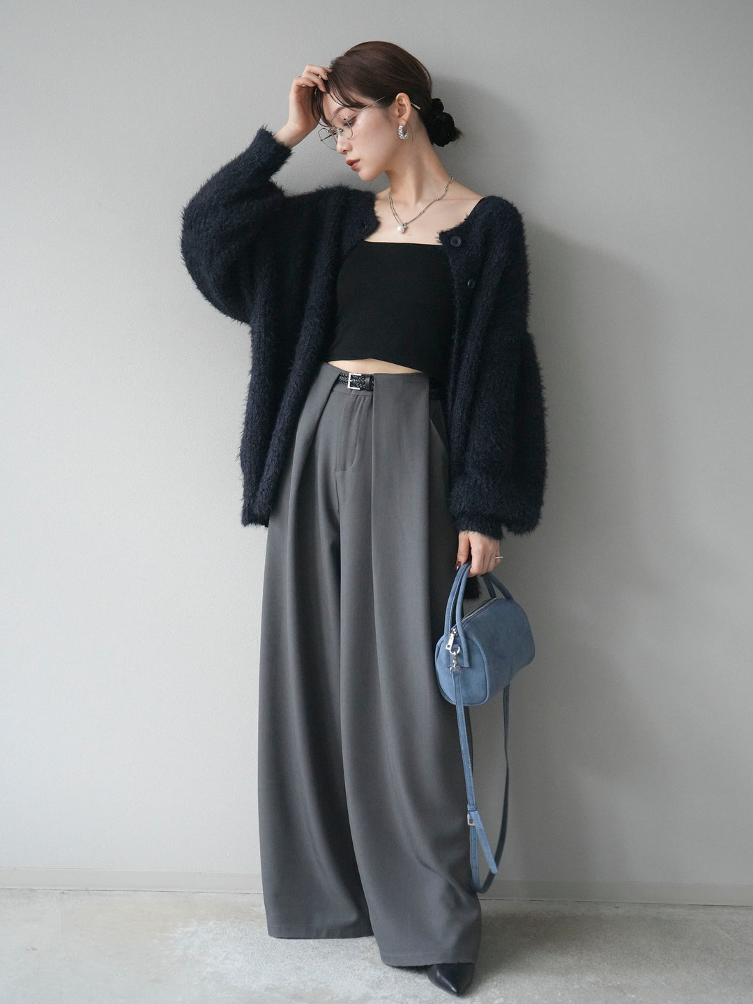 [SET]クルーネックランダムシャギーカーディガン+ベルトループデザインワイドパンツ(2set)