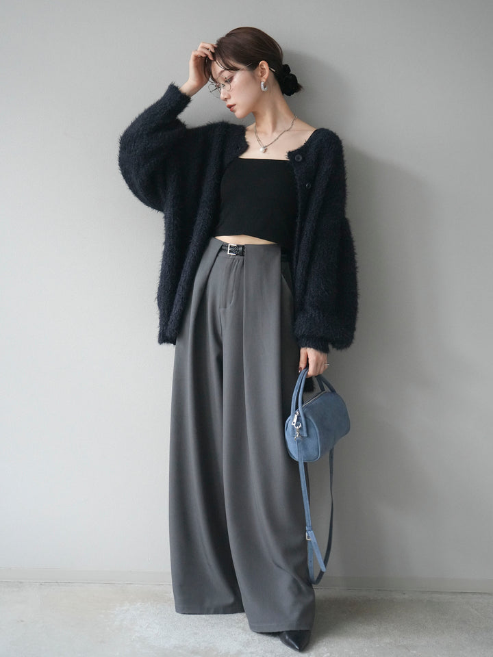 [SET]クルーネックランダムシャギーカーディガン+ベルトループデザインワイドパンツ(2set)
