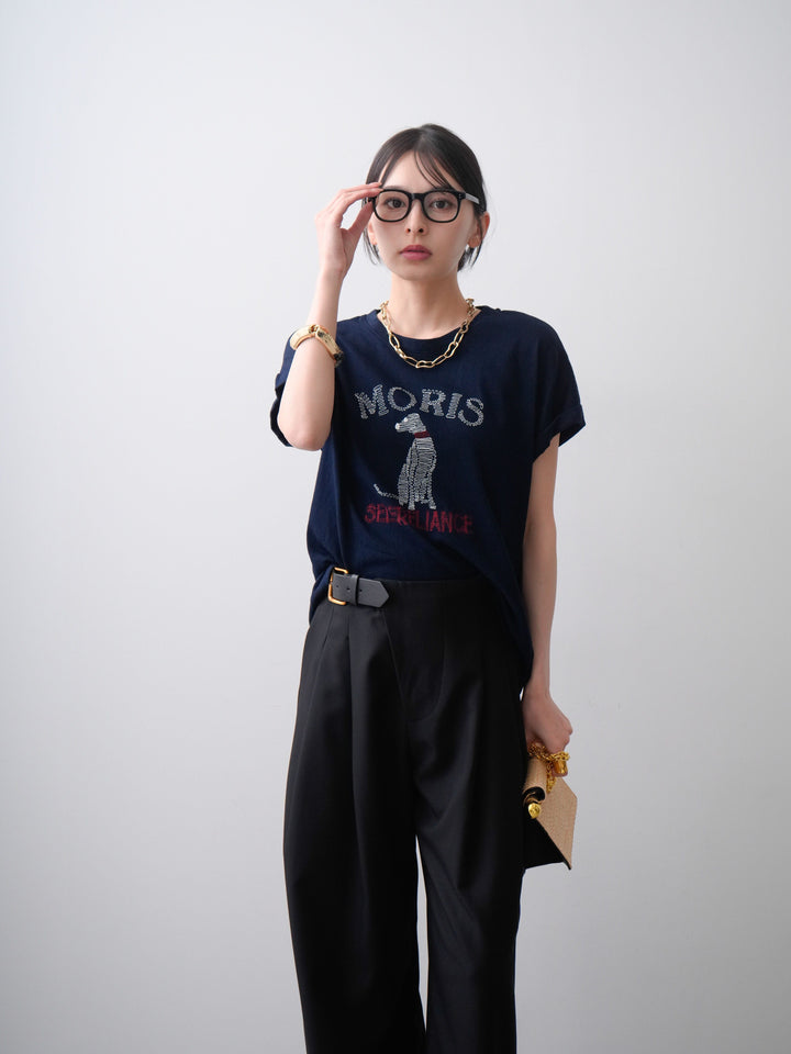 [SET]ドッグエンブロイダリーTEE+アシンメトリーベルトタックワイドパンツ(2set)