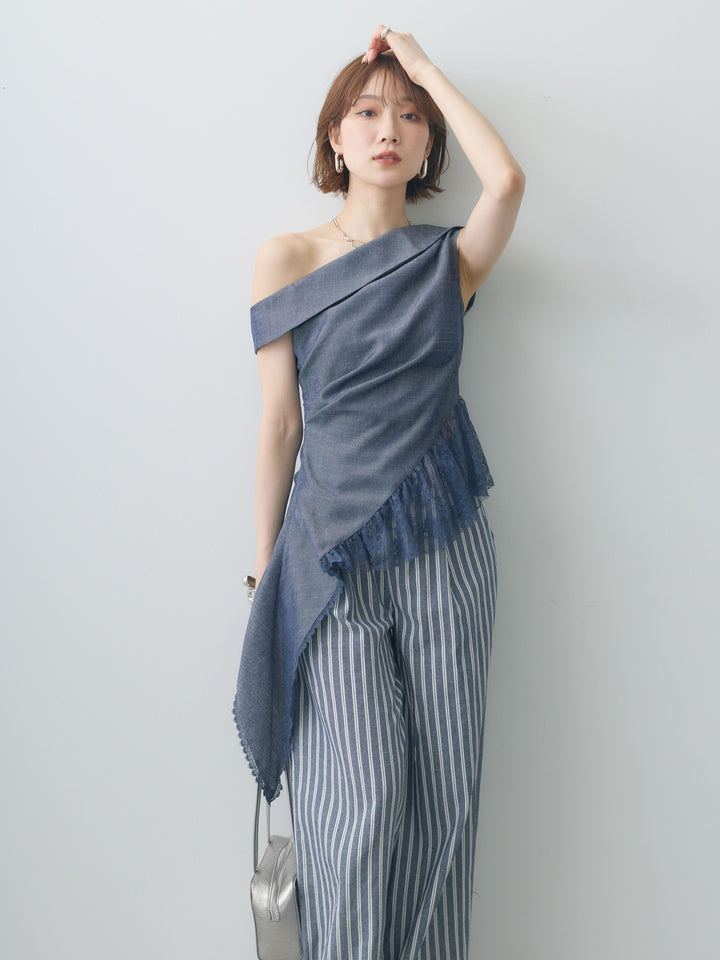 [予約]アシンメトリーラッフルレースヘムトップス/blue