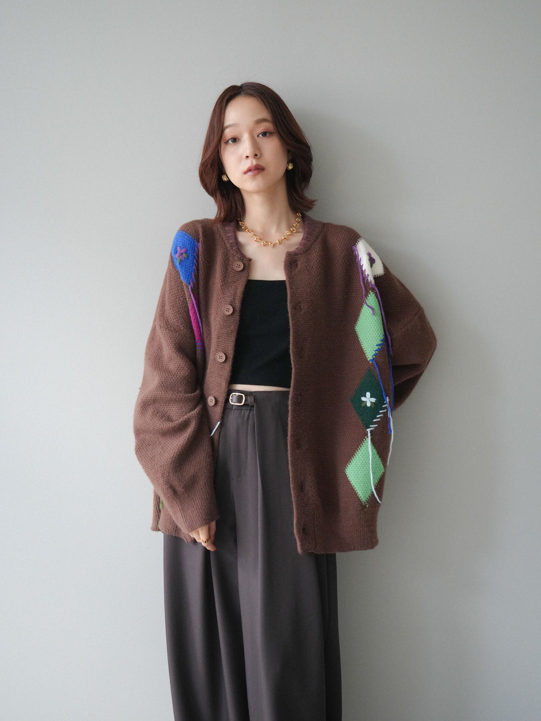 [SET]ハンドステッチアーガイルデザインニットカーディガン+ベルトループデザインワイドパンツ(2set)