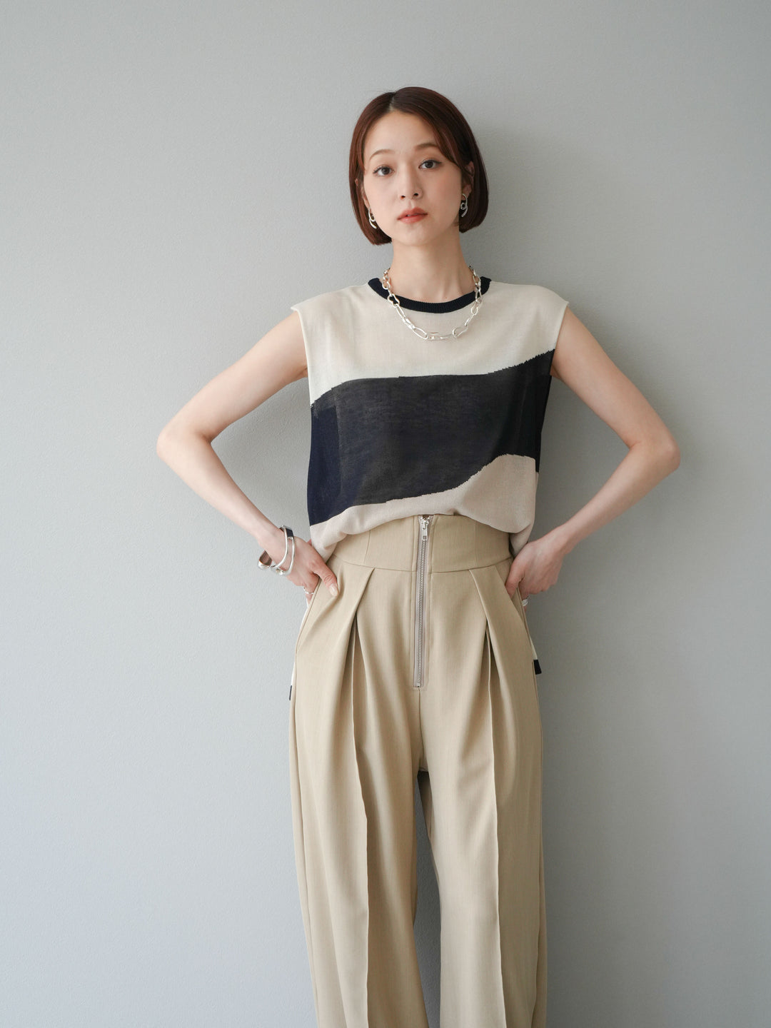 [SET]バイカラーシアーニットノースリーブ+ジップタックワイドパンツ(2set)
