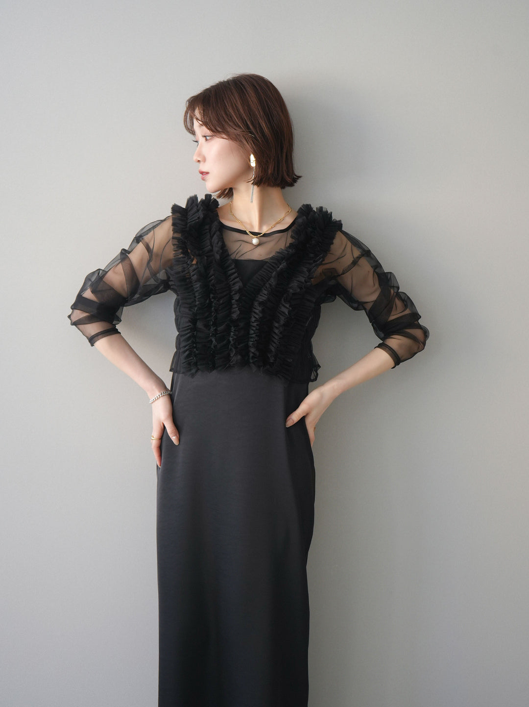 [予約]チュールフリルアンサンブルキャミソールドレス 3点SET/black