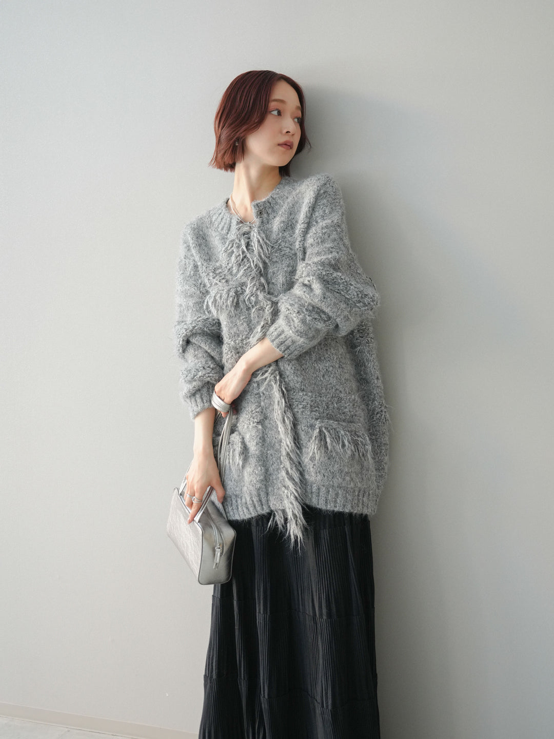 [SET]ミックスヤーンフリンジデザインニットジャケット+型押しスエードティアードプリーツスカート(2set)