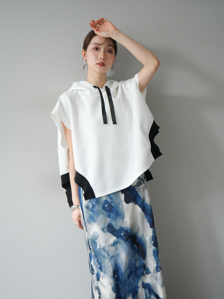 [SET]アシンメトリードルマンバックZIPフーディー+ニュアンスサテンフリルスカート(2set)