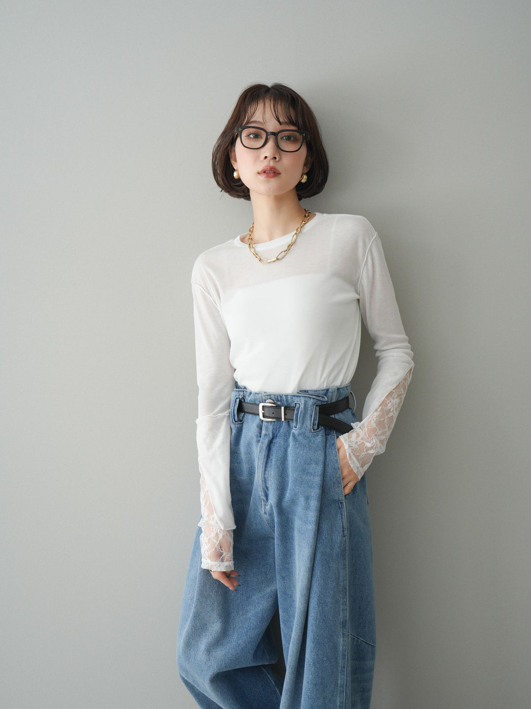 [SET]袖レースレイヤードデザインメロートップス+ハイウエストベルトループデザインデニムパンツ(2set)