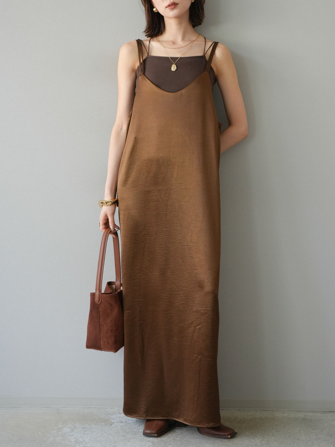 [予約]サテンキャミワンピース/ブラウン
