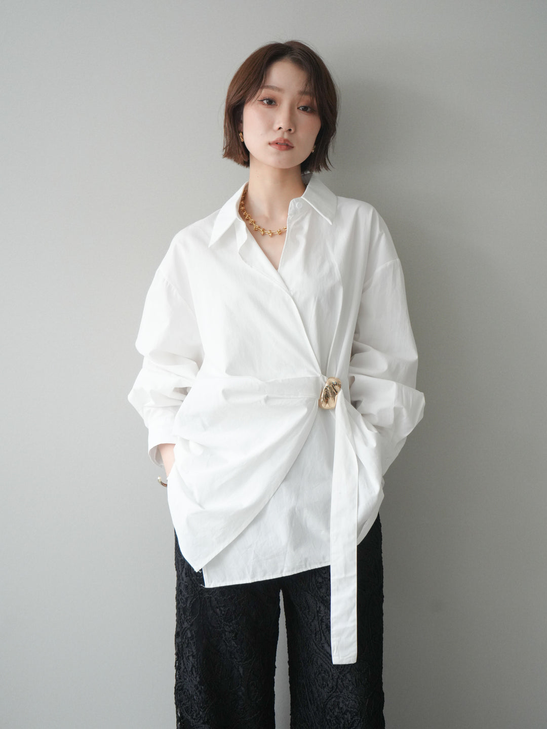 [SET]メタルパーツドレープシャツ+シアーコードレースイージーパンツ(2set)