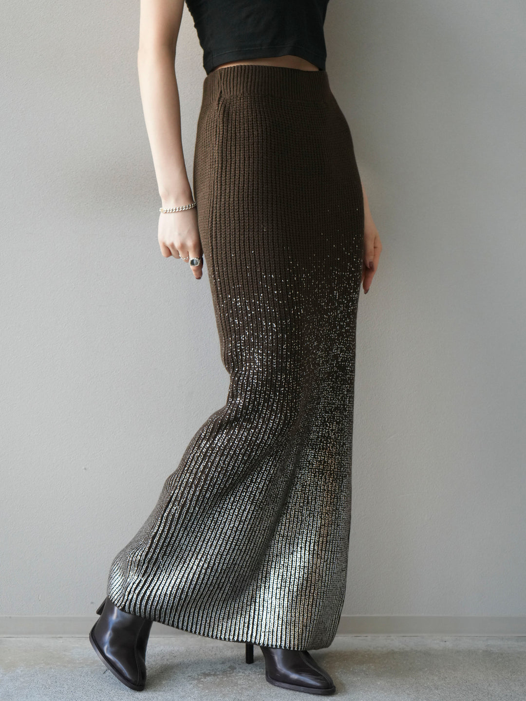[予約]箔プリントニットタイトスカート/coffeebrown