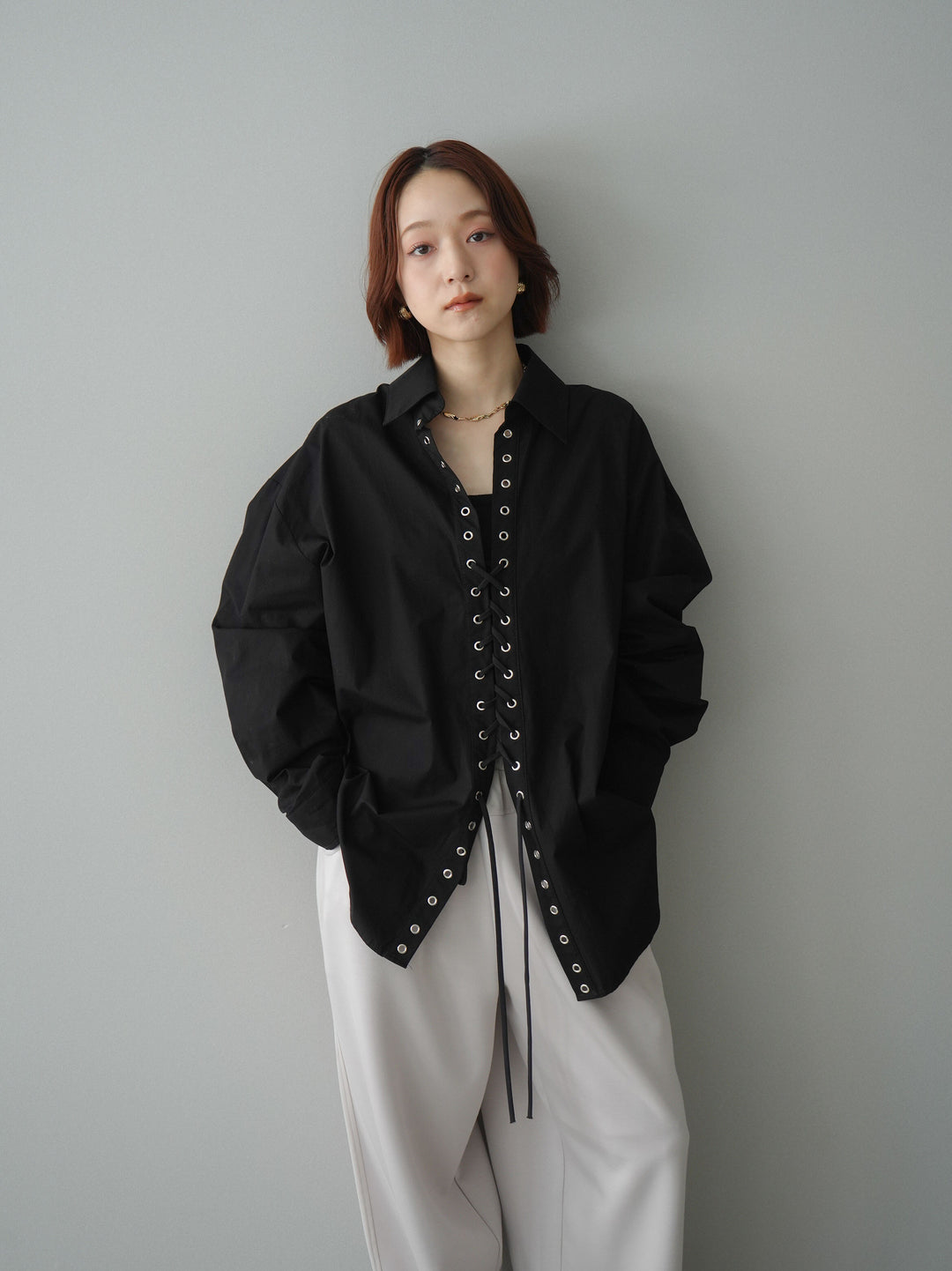 [SET]レースアップブロードシャツ+バイカラー異素材サイドラインライトポンチパンツ(2set)