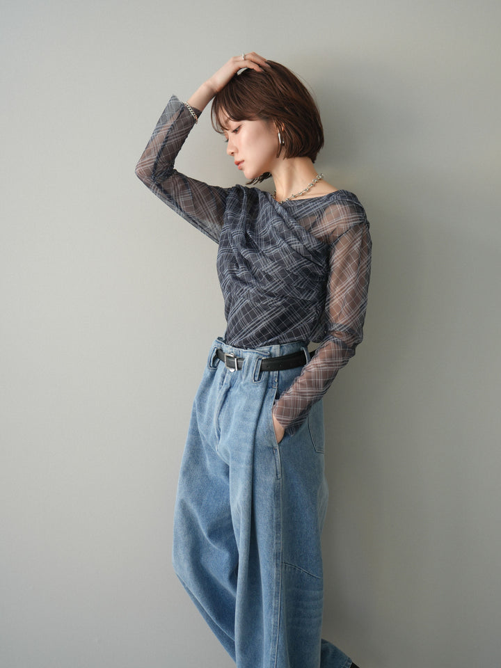 [予約]チュールバイアスチェックプリントタックネックトップス/navy