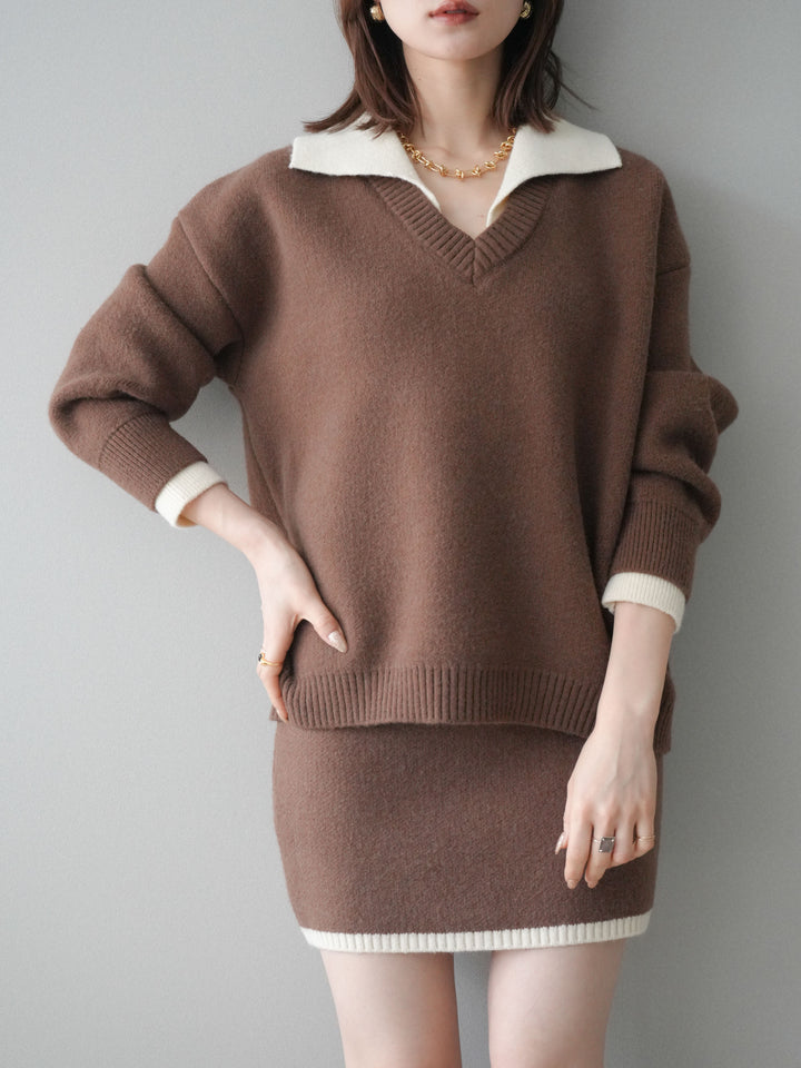 [SET]配色襟ニット＆ミニスカートSET UP(2set)