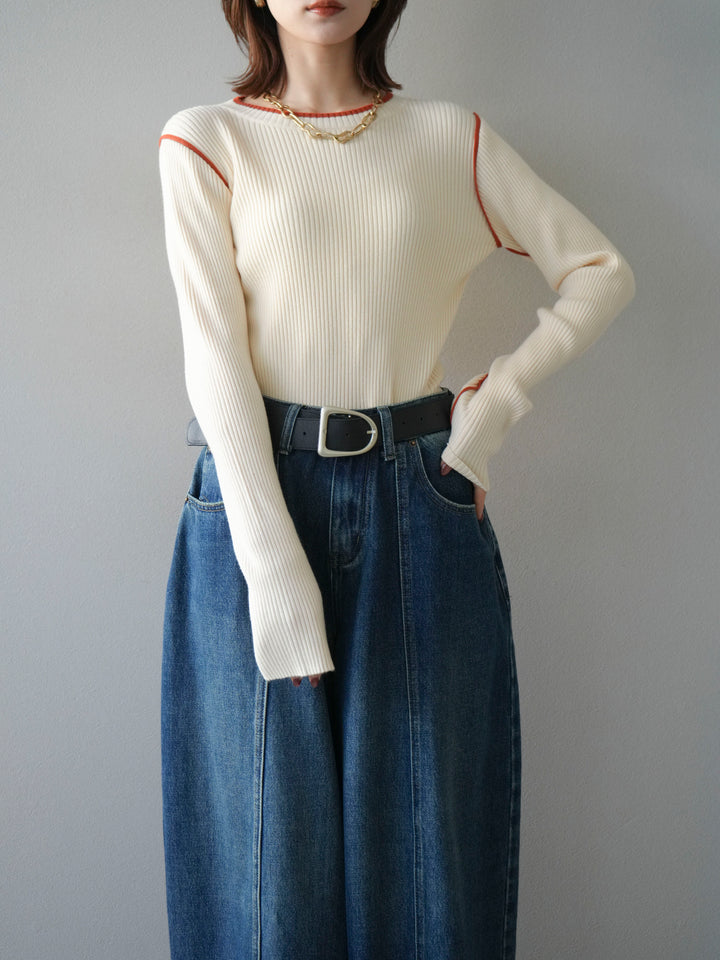 [予約]バイカラークルーネックリブニットトップス/ivory