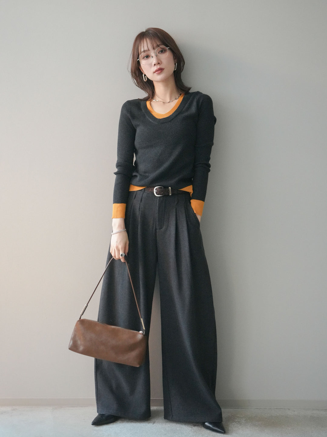 [SET]アニマル柄ベルト付きウールタッチワイドパンツ+アニマル柄ベルト付きウールタッチワイドパンツ(2set)