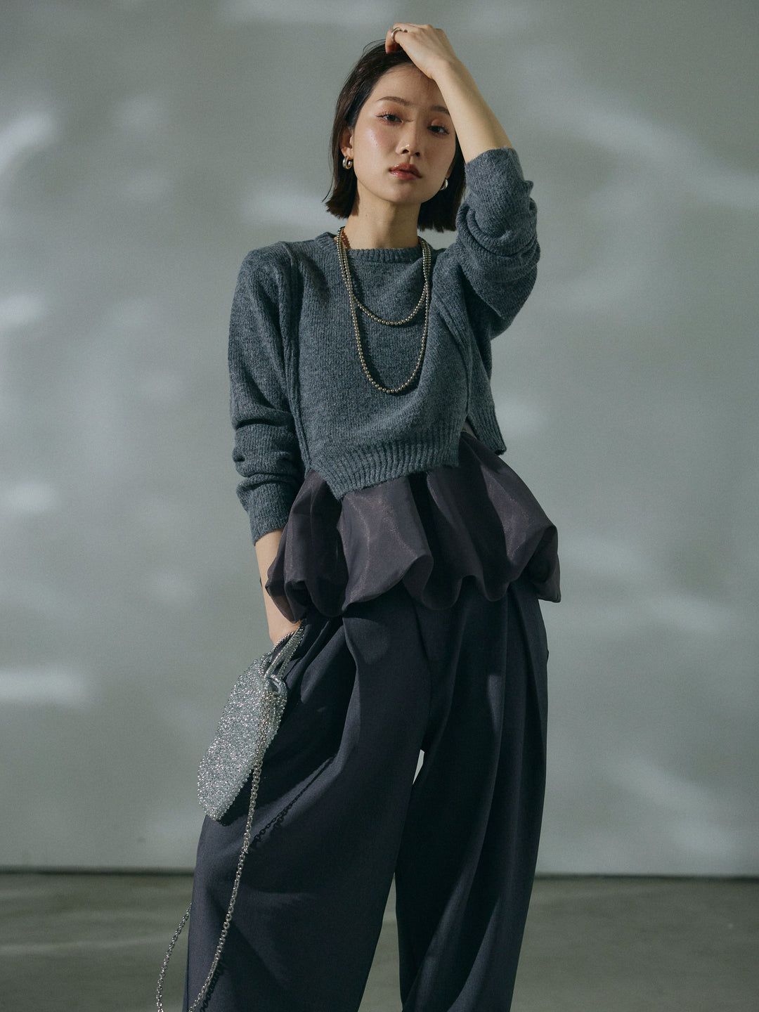 【Allure】[SET]オーガンジーバルーンキャミアンサンブルニット+アシンメトリーウエストタックパンツ(2set)