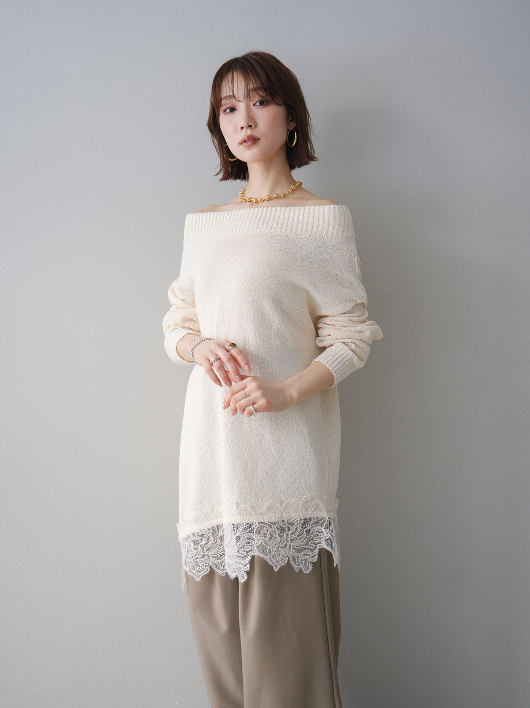 [SET]アシンメトリーレースヘムニットプルオーバー+アシンメトリーレースヘムニットプルオーバー(2set)