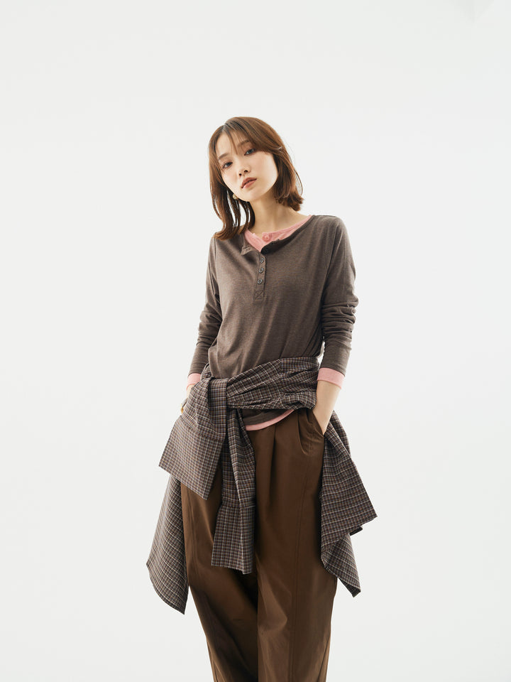 【Allure】[SET]配色レイヤードヘンリーネックトップス+チェックBIGカフスオーバーシャツ(2set)