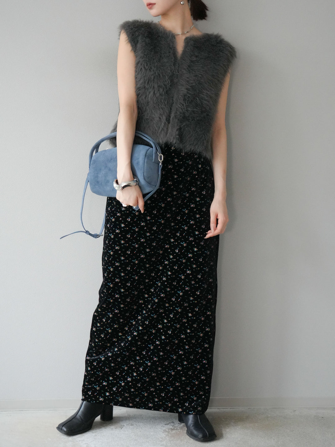 [予約]ミンクライク前後2WAYショートジレ/チャコール