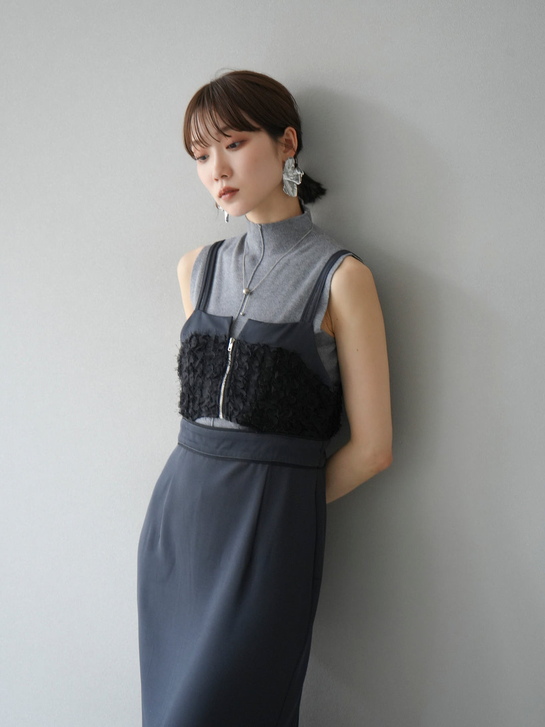 [Pre-order] Jacquard bustier design dress/charcoal