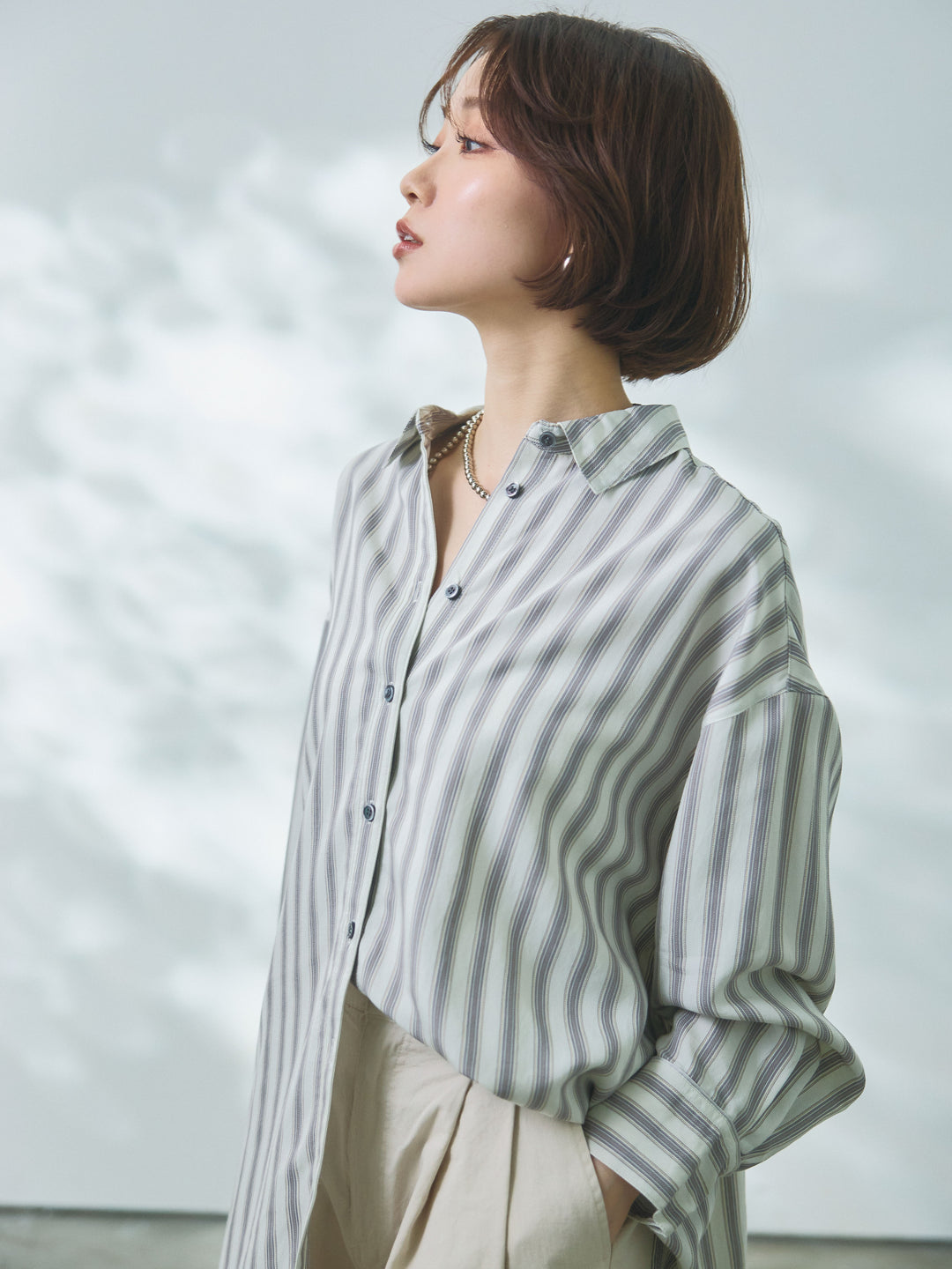 【Allure】[SET]ストライプオーバーシャツ+カットオフコットンツイルタックワイドパンツ(2set)