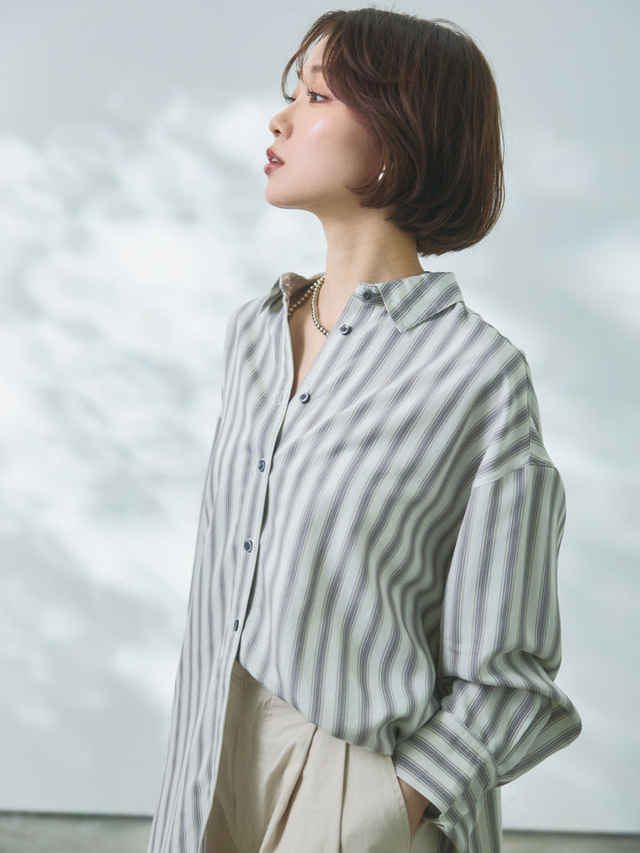 【Allure】[SET]ストライプオーバーシャツ+カットオフコットンツイルタックワイドパンツ(2set)