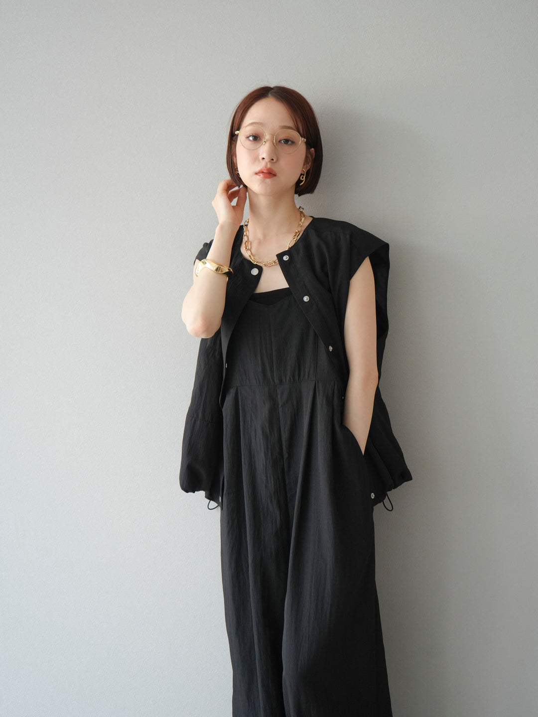 [SET]リネンライクビスチェデザインサロペット+リネンライクドロストバルーンブルゾン(2set)