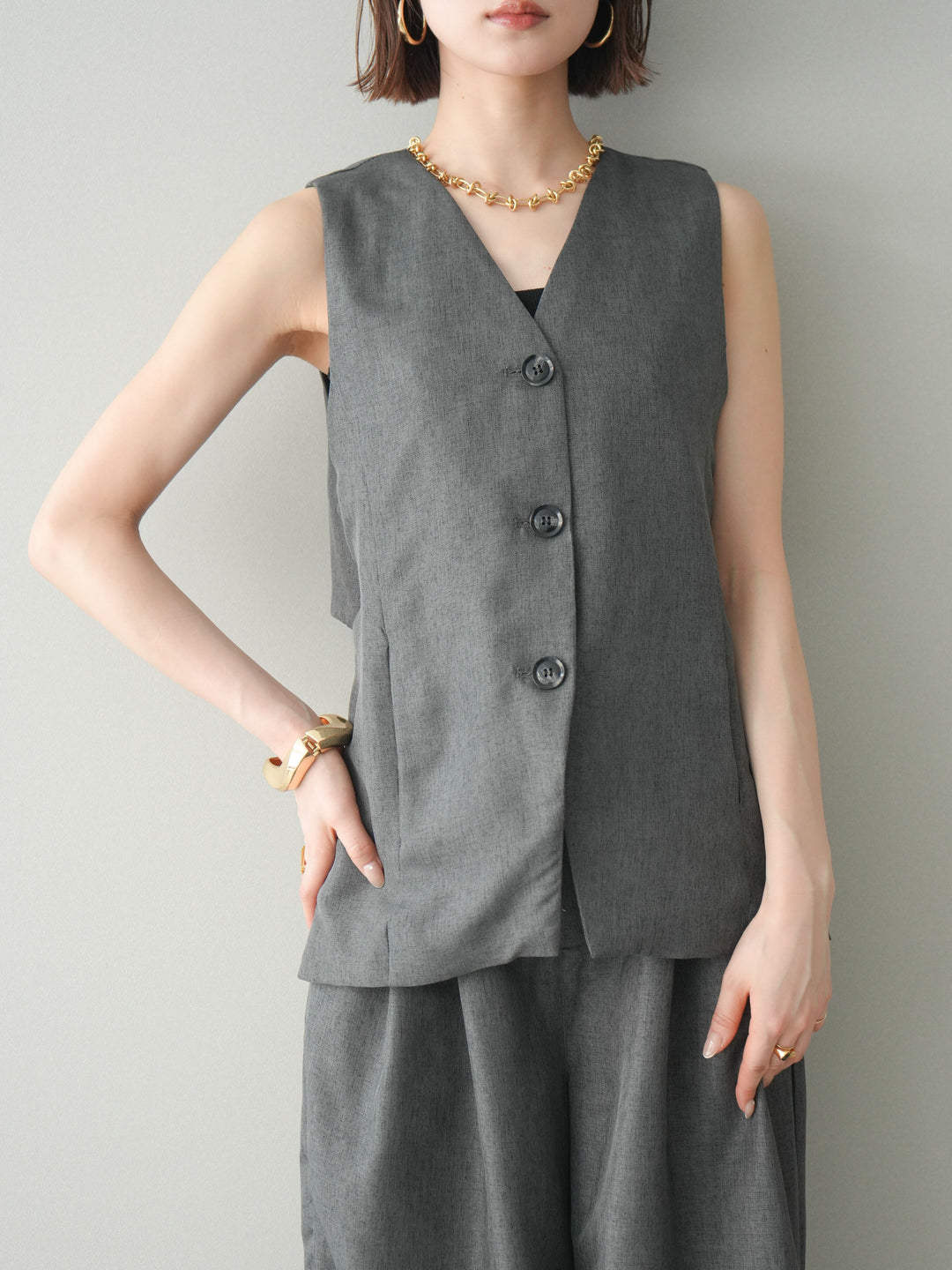 [SET]リネンライクバックオープンジレ+リネンライクタックワイドパンツ(2set)