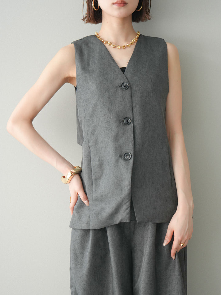 [SET]リネンライクバックオープンジレ+リネンライクタックワイドパンツ(2set)