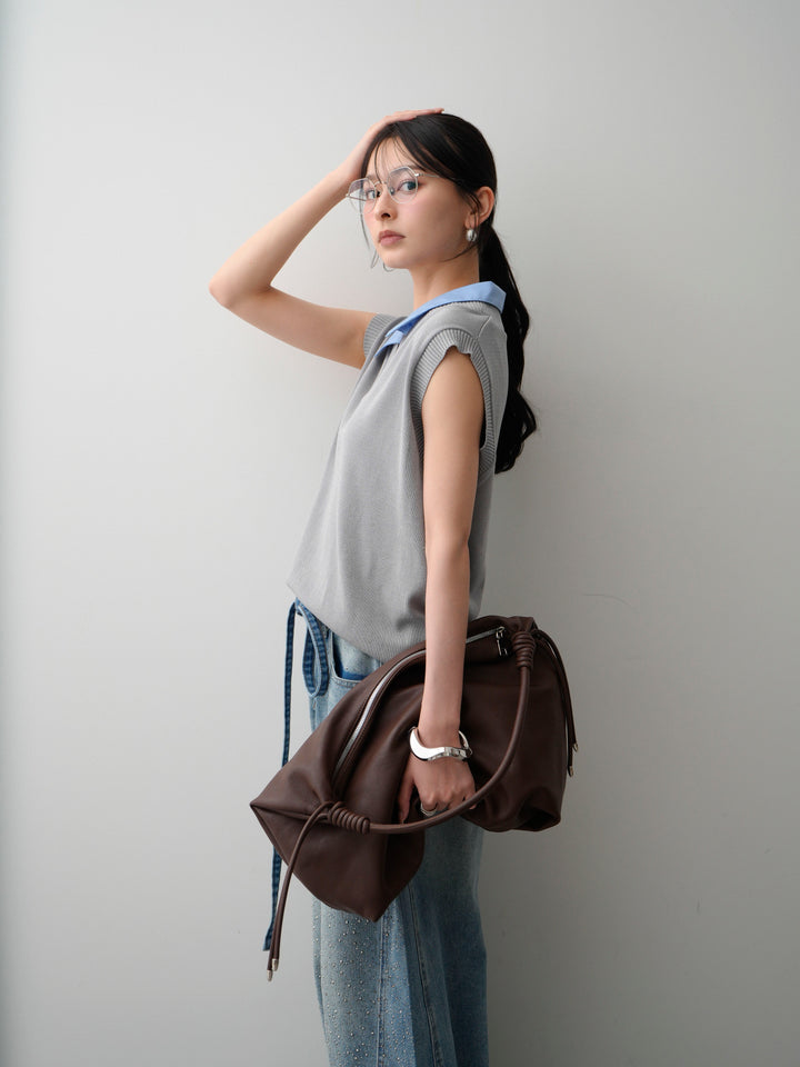 【套裝】襯衫領疊層針織背心+腰帶前鑲寶石弧形闊腿褲（兩件套）