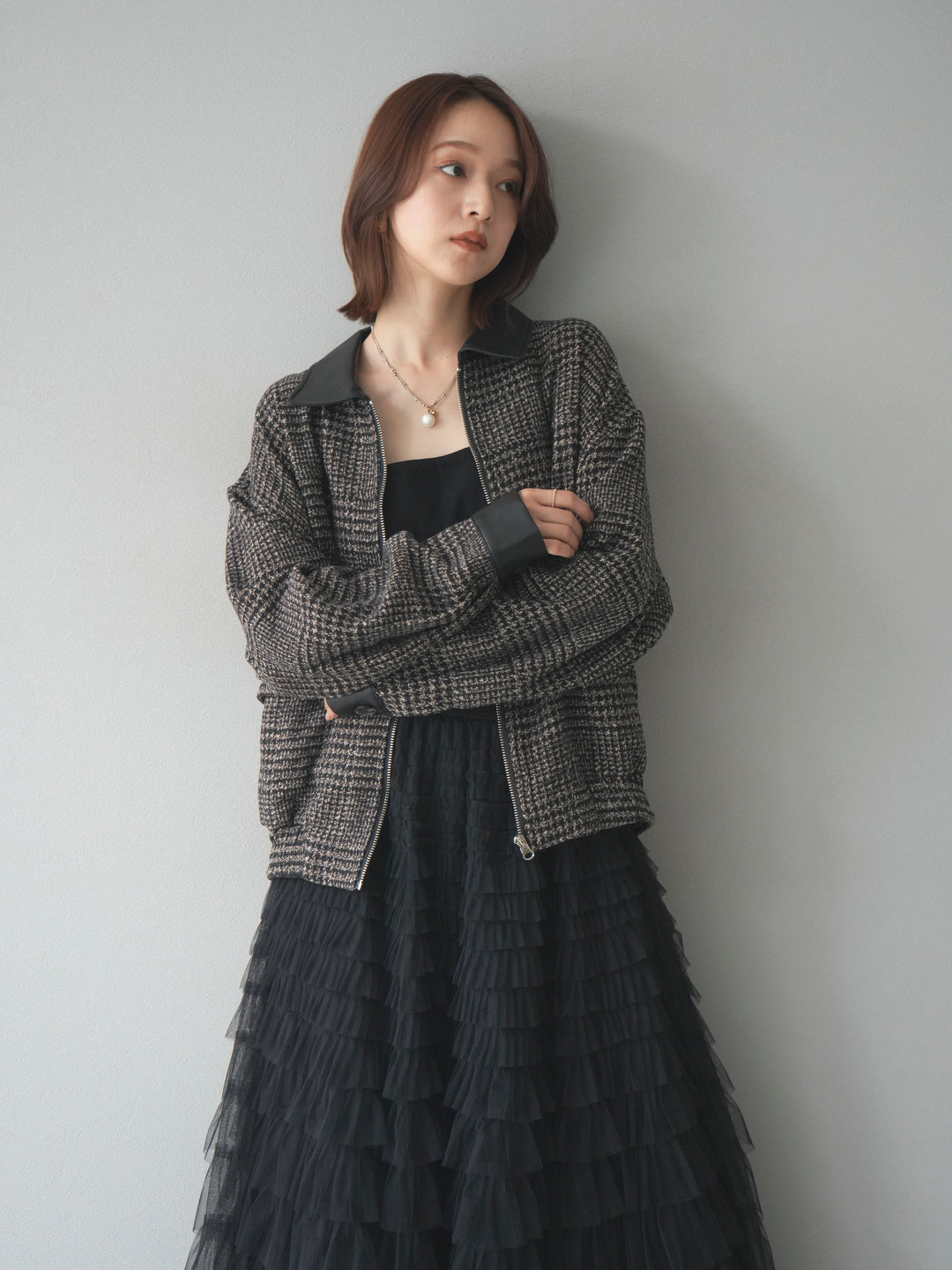 [予約]レザー襟ミックスツイードジャケット/brown