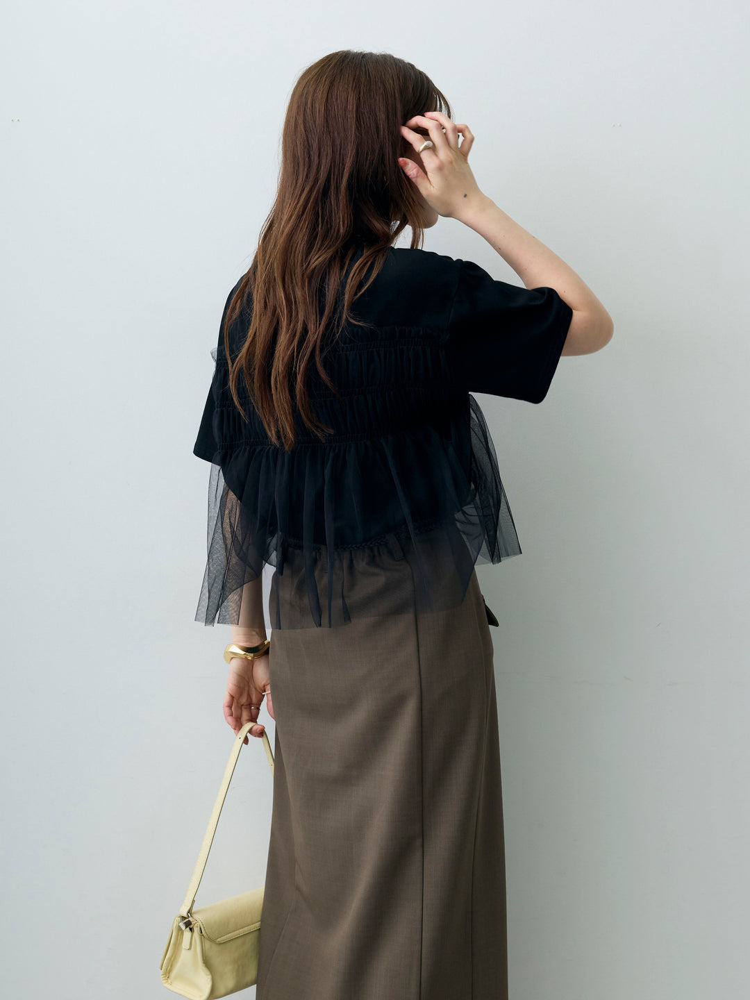 [SET]ギャザーチュールドッキングTEE+クレープデシンフラップ付きストレートスカート(2set)
