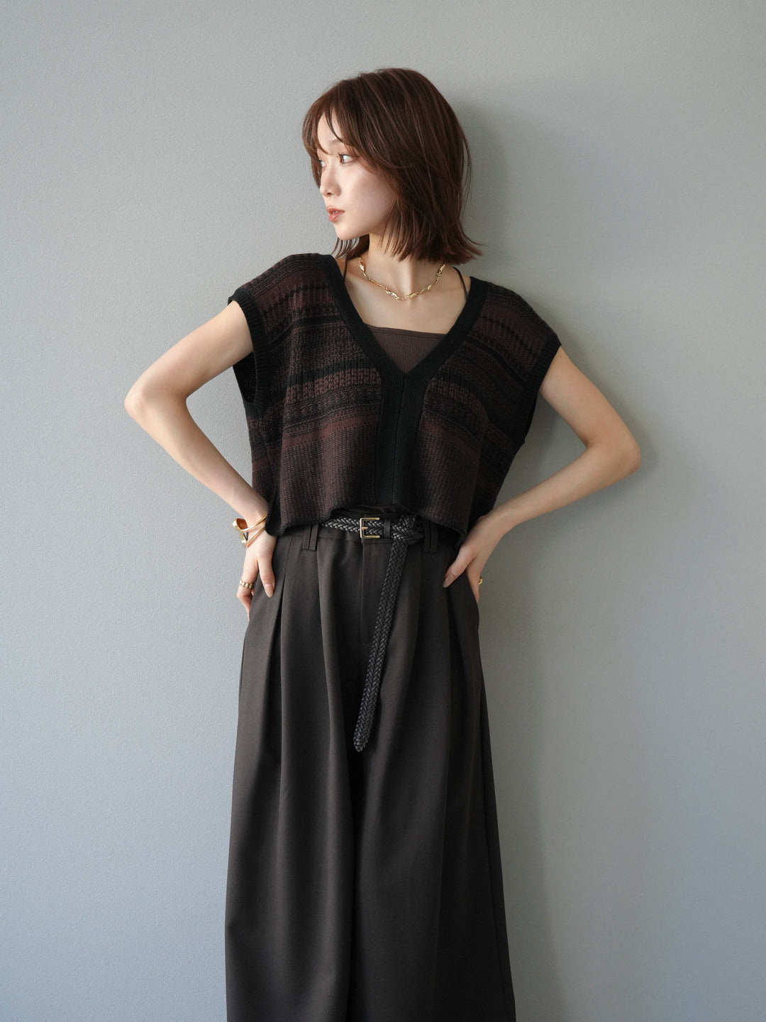 [予約]ガーター編み2WAYニットベスト/ブラウン×ブラック