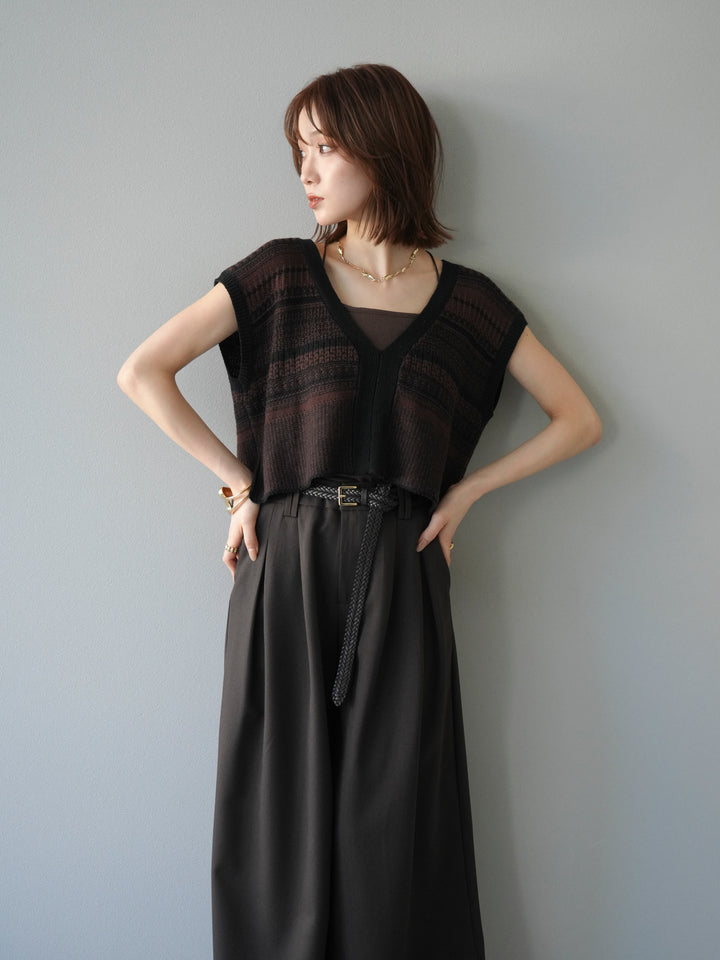 [予約]ガーター編み2WAYニットベスト/ブラウン×ブラック