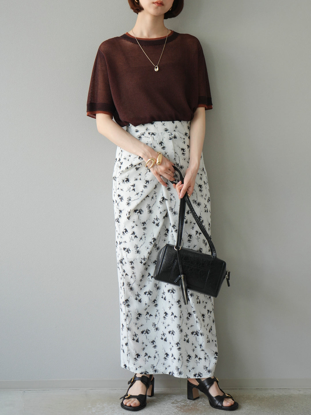 [SET]リネンタッチ配色二重臼ハーフニットトップス+選べるアソート柄スカートセット(2set)