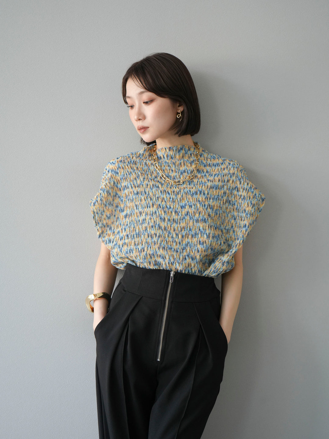 [SET] 多色隨機百褶法式上衣+拉鍊褶襉寬褲（2件套）